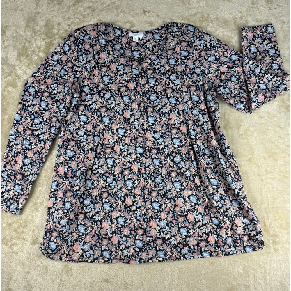 J. Jill Floral Long Sleeve Tunic Top Navy Pink Blue Cotton Modal Blend L